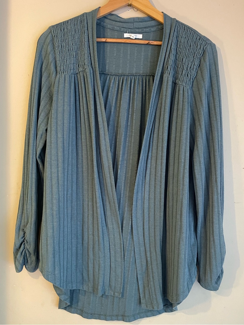 Maurices Sage Slate Blue Smocked Shoulder Ribbed Open Front Duster Cardigan M